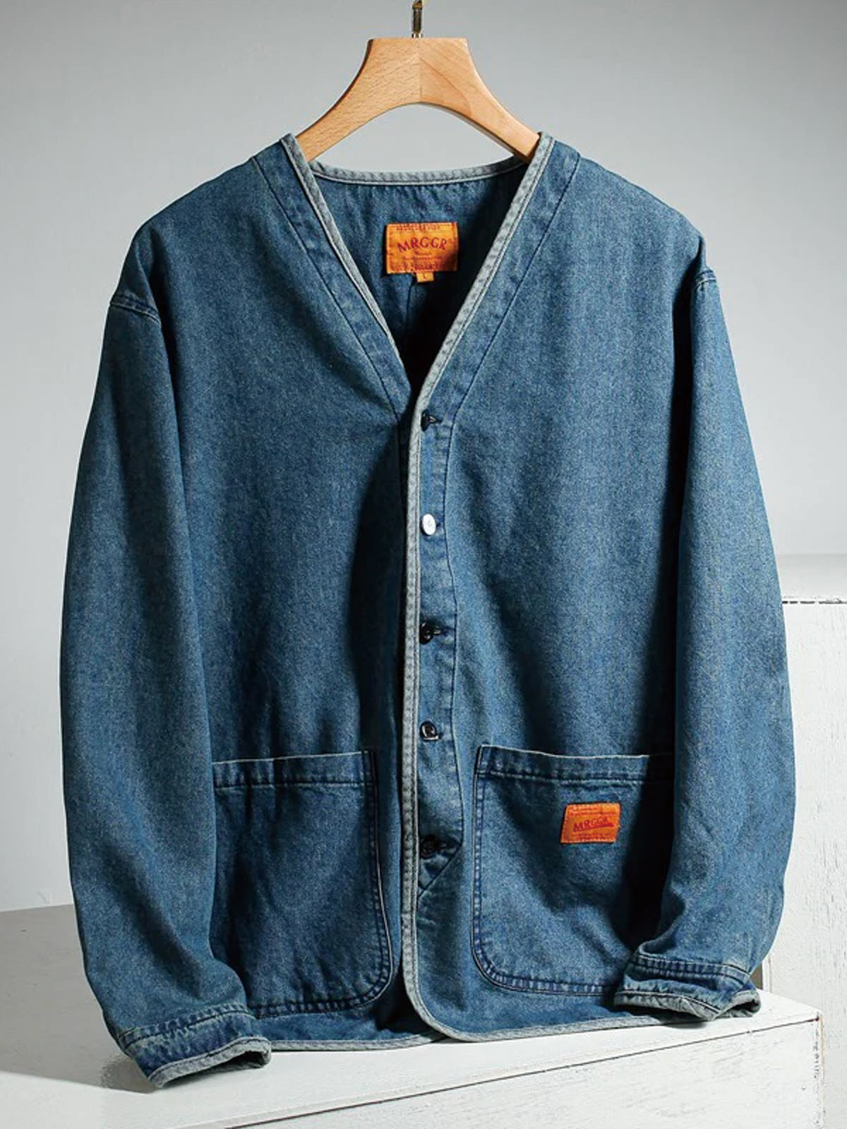 Luvince Contrast Button Collarless Denim Jacket