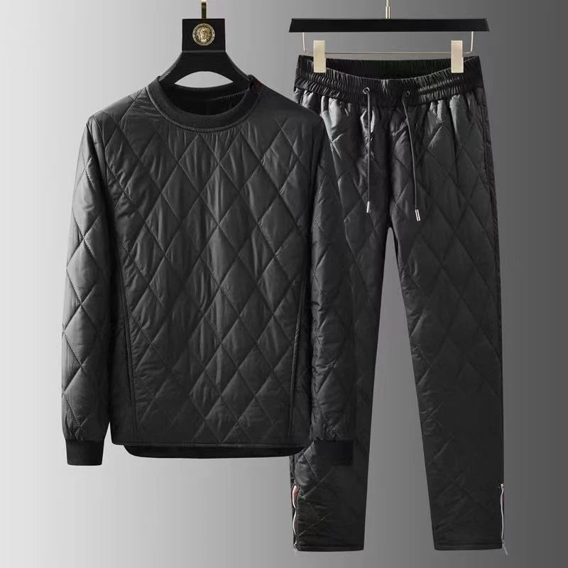 Autumn Winter Men's Two-piece Set O-neck Pullover Cotton Coat Pants Men Pajamas Geometric Patter Warm Thicke Suit Male Outfits