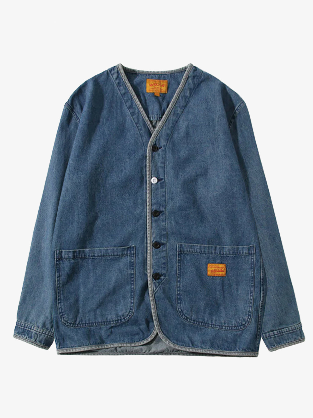Luvince Contrast Button Collarless Denim Jacket
