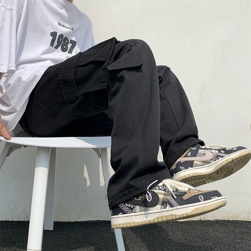 Vortex™️ - Black/White Wide-Leg Cargo Pants for Men, Loose Fit Streetwear Hip-Hop Style