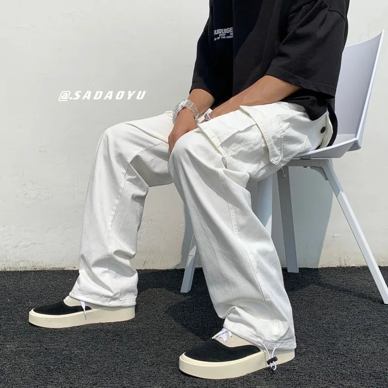 Vortex™️ - Black/White Wide-Leg Cargo Pants for Men, Loose Fit Streetwear Hip-Hop Style