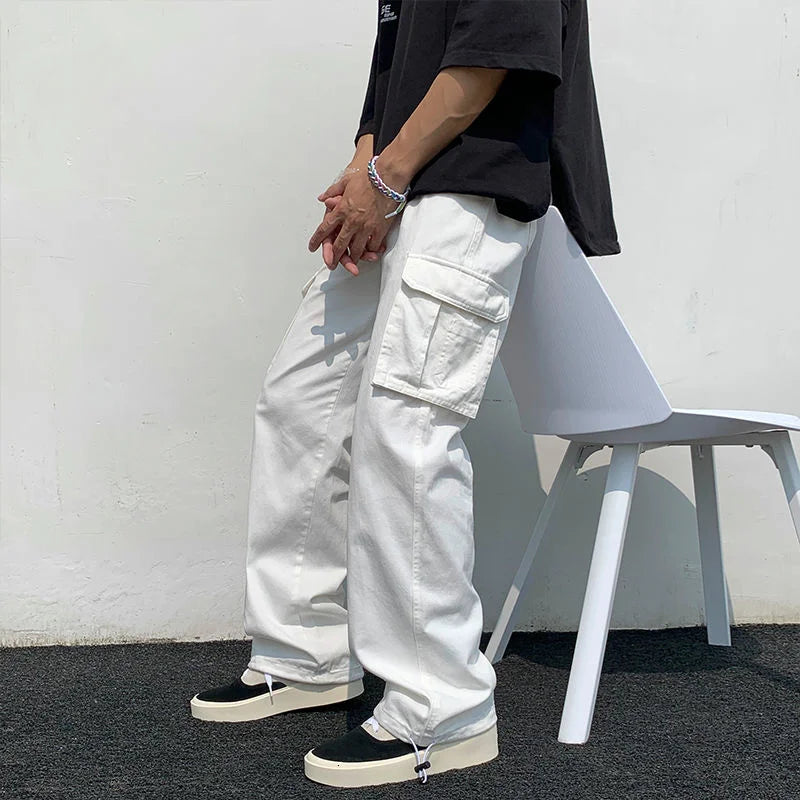 Vortex™️ - Black/White Wide-Leg Cargo Pants for Men, Loose Fit Streetwear Hip-Hop Style