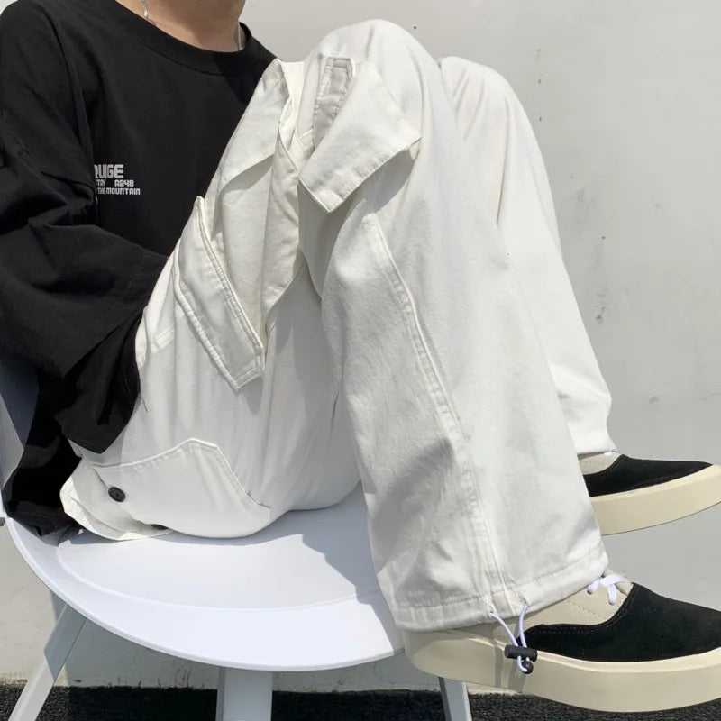 Vortex™️ - Black/White Wide-Leg Cargo Pants for Men, Loose Fit Streetwear Hip-Hop Style