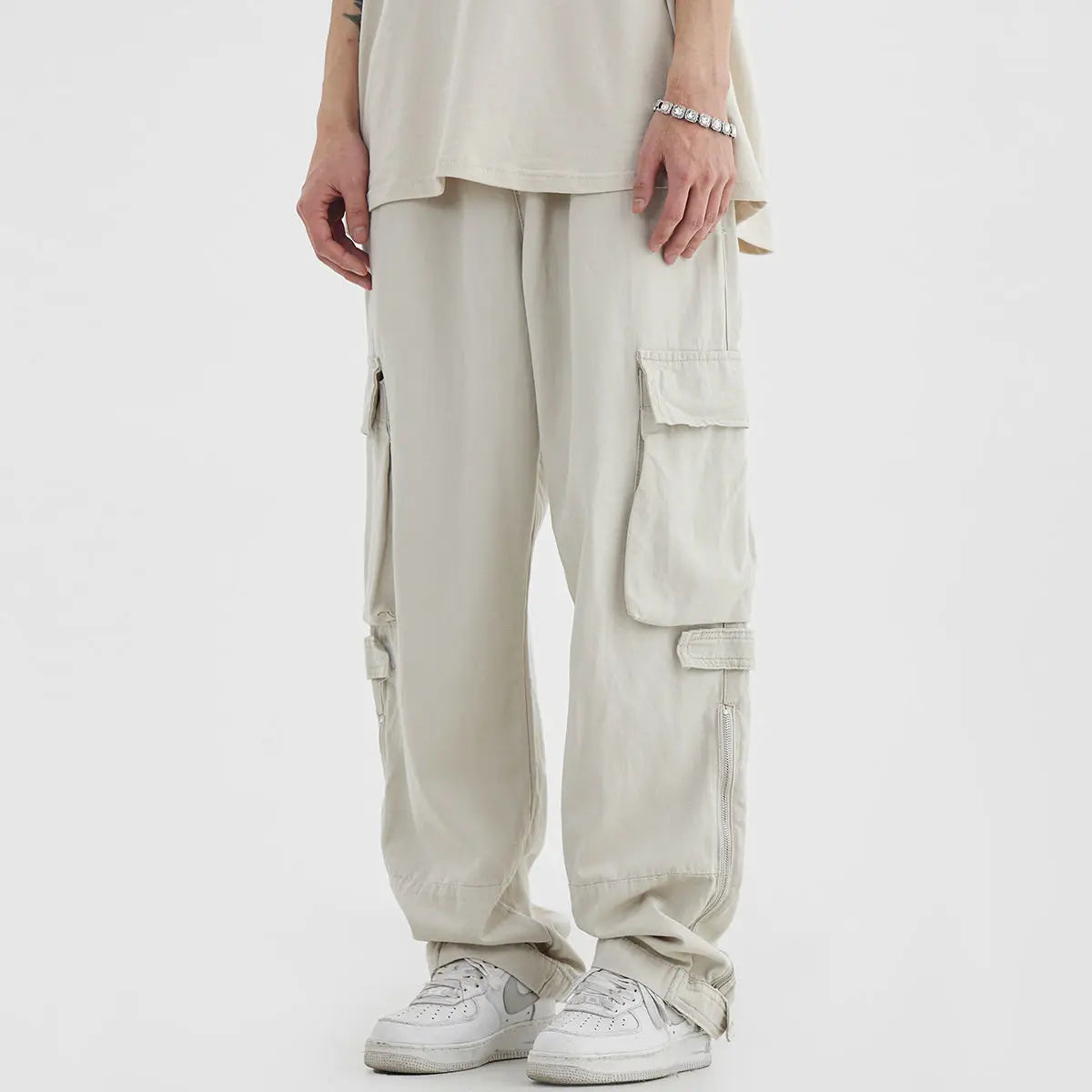 Houzhou™️ - Vintage Hip-Hop Cargo Pants with Zipper Pockets for Men, Loose-Fit Japanese Streetwear Safari Style