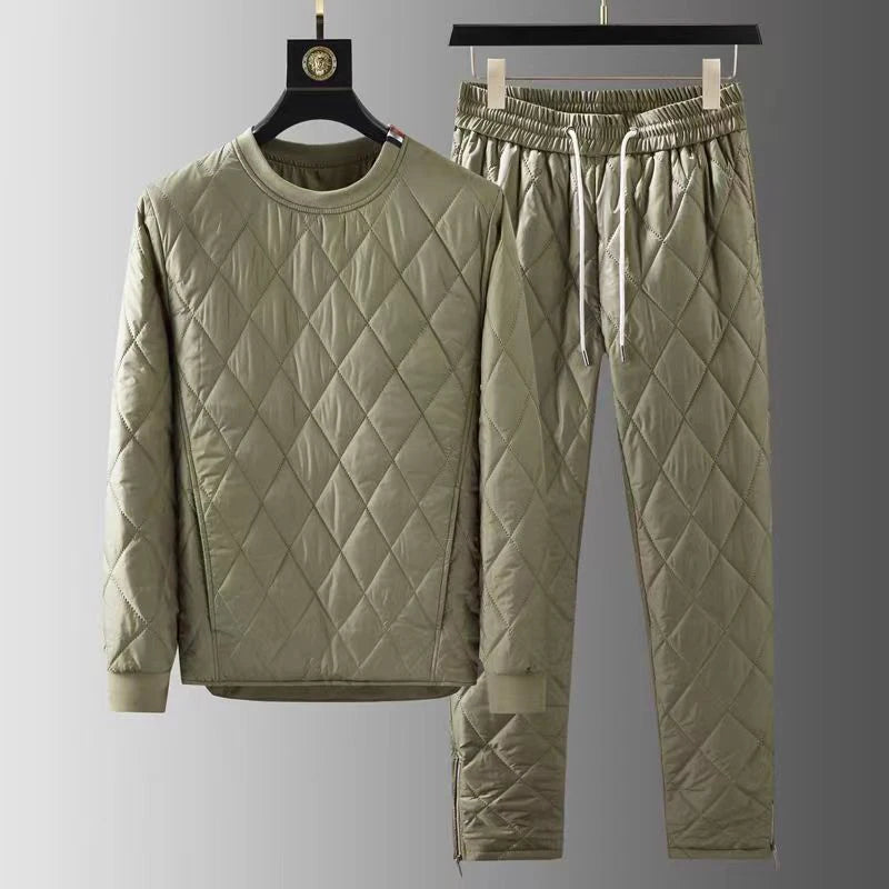 Autumn Winter Men's Two-piece Set O-neck Pullover Cotton Coat Pants Men Pajamas Geometric Patter Warm Thicke Suit Male  Outfits