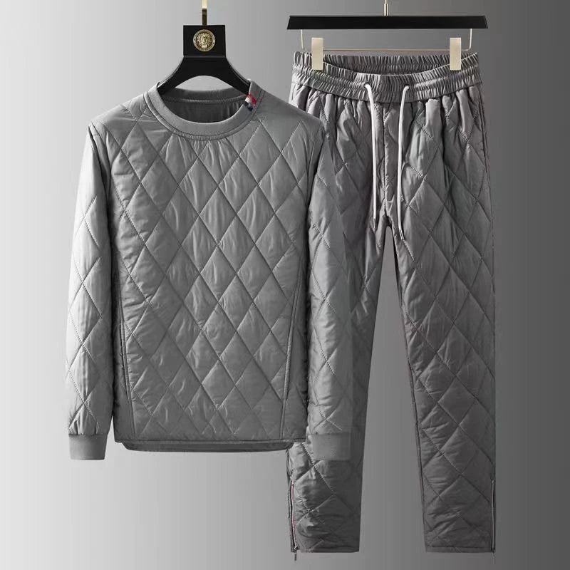 Autumn Winter Men's Two-piece Set O-neck Pullover Cotton Coat Pants Men Pajamas Geometric Patter Warm Thicke Suit Male  Outfits