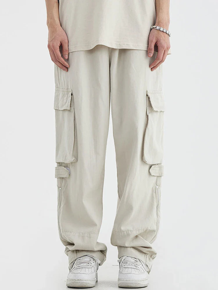 Houzhou™️ - Vintage Hip-Hop Cargo Pants with Zipper Pockets for Men, Loose-Fit Japanese Streetwear Safari Style