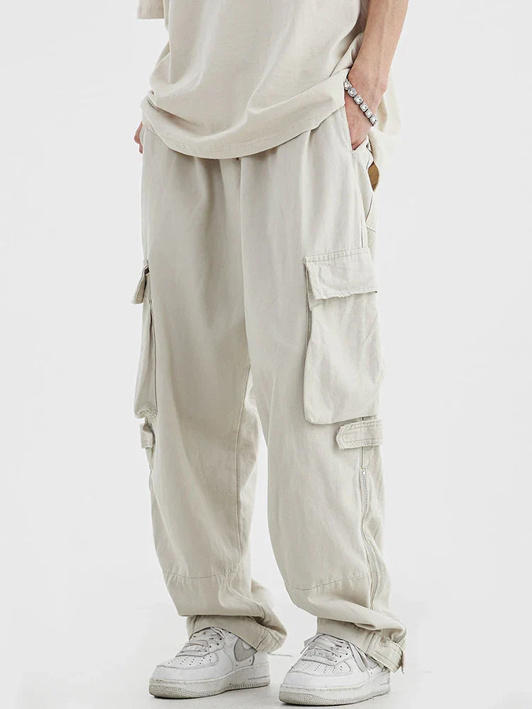 Houzhou™️ - Vintage Hip-Hop Cargo Pants with Zipper Pockets for Men, Loose-Fit Japanese Streetwear Safari Style