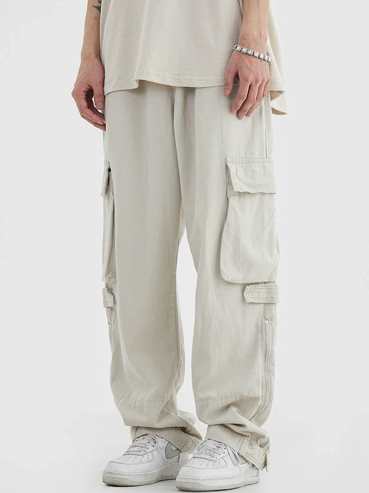 Houzhou™️ - Vintage Hip-Hop Cargo Pants with Zipper Pockets for Men, Loose-Fit Japanese Streetwear Safari Style